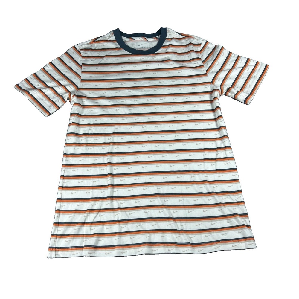 Nike Men's Sportswear Striped Logo Short Sleeve T Shirt White Orange Blue Medium